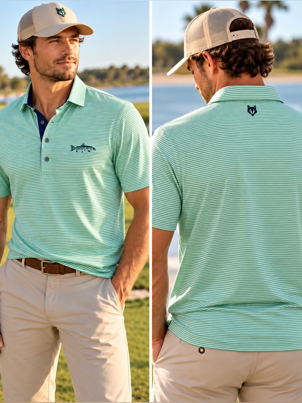 Greyson Polo Men’s M Green White Stripe Golf Shirt Fish Embroidery Wolf.